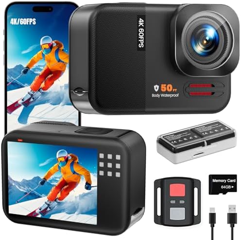 4K 60FPS 48MP WiFi Action Camera with Touch Screen, 50FT Underwater Waterproof Camera, No Case Needed, EIS Motorcycle Camera, 8X Zoom, 64GB Card, Remote Control, Batteries & Mounting Kits