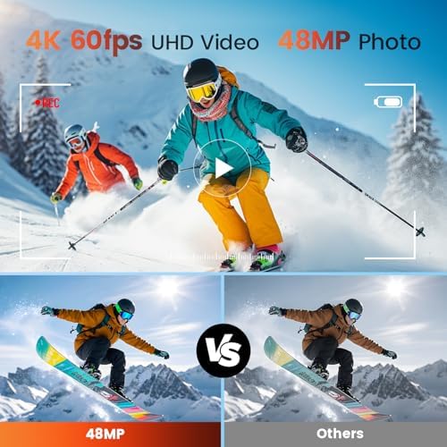 4K 60FPS 48MP WiFi Action Camera with Touch Screen, 50FT Underwater Waterproof Camera, No Case Needed, EIS Motorcycle Camera, 8X Zoom, 64GB Card, Remote Control, Batteries & Mounting Kits - Image 3