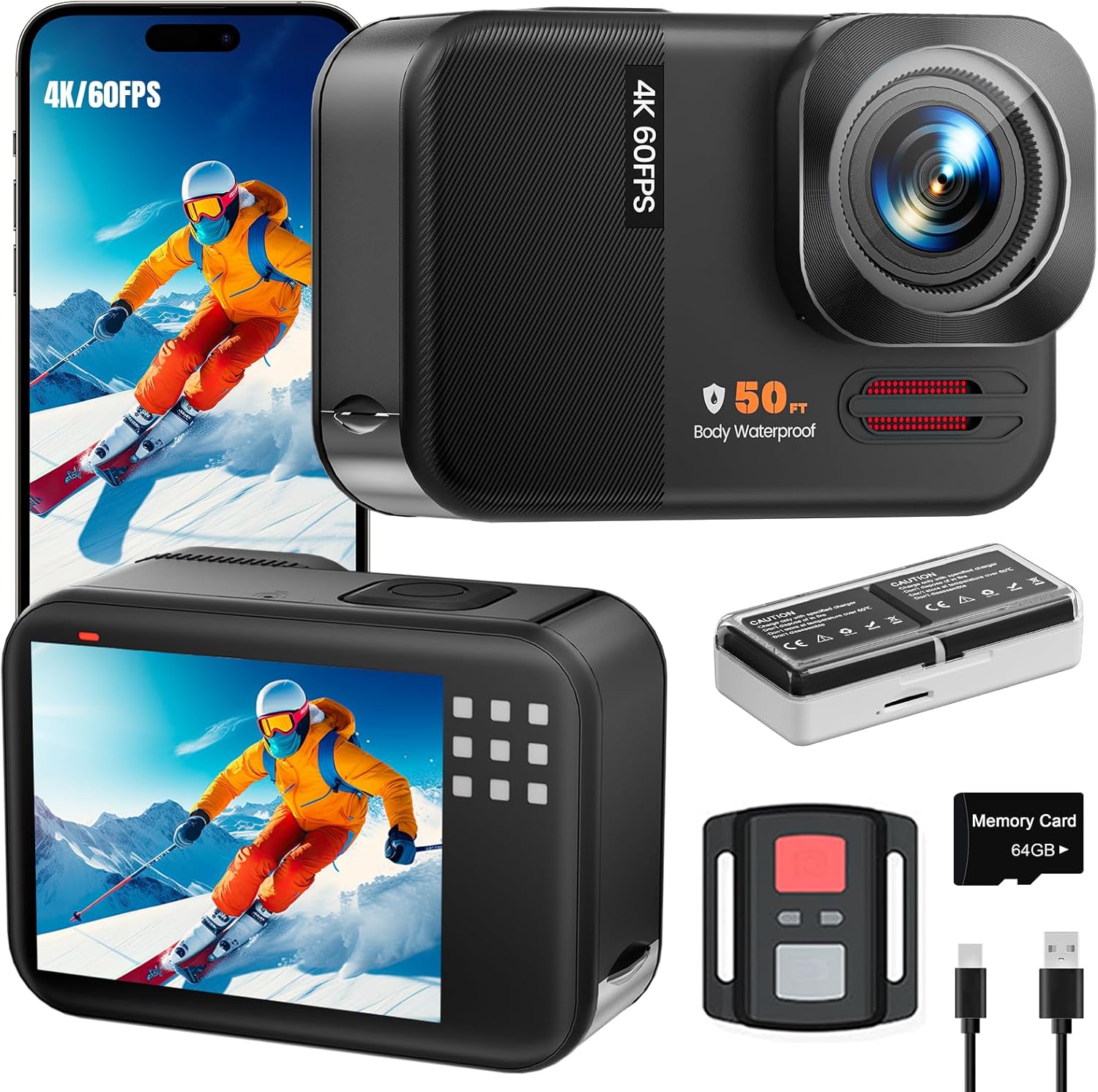 4K 60FPS 48MP WiFi Action Camera with Touch Screen, 50FT Underwater Waterproof Camera, No Case Needed, EIS Motorcycle Camera, 8X Zoom, 64GB Card, Remote Control, Batteries & Mounting Kits - Image 9