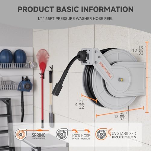Giraffe Tools Pressure Washer Hose Reel 65ft, Power Washer Hose Reel, Pressure Washer Retractable Hose Reel, Heavy Duty, Wall/Floor Mounted, 3200 PSI, Silver - Image 3
